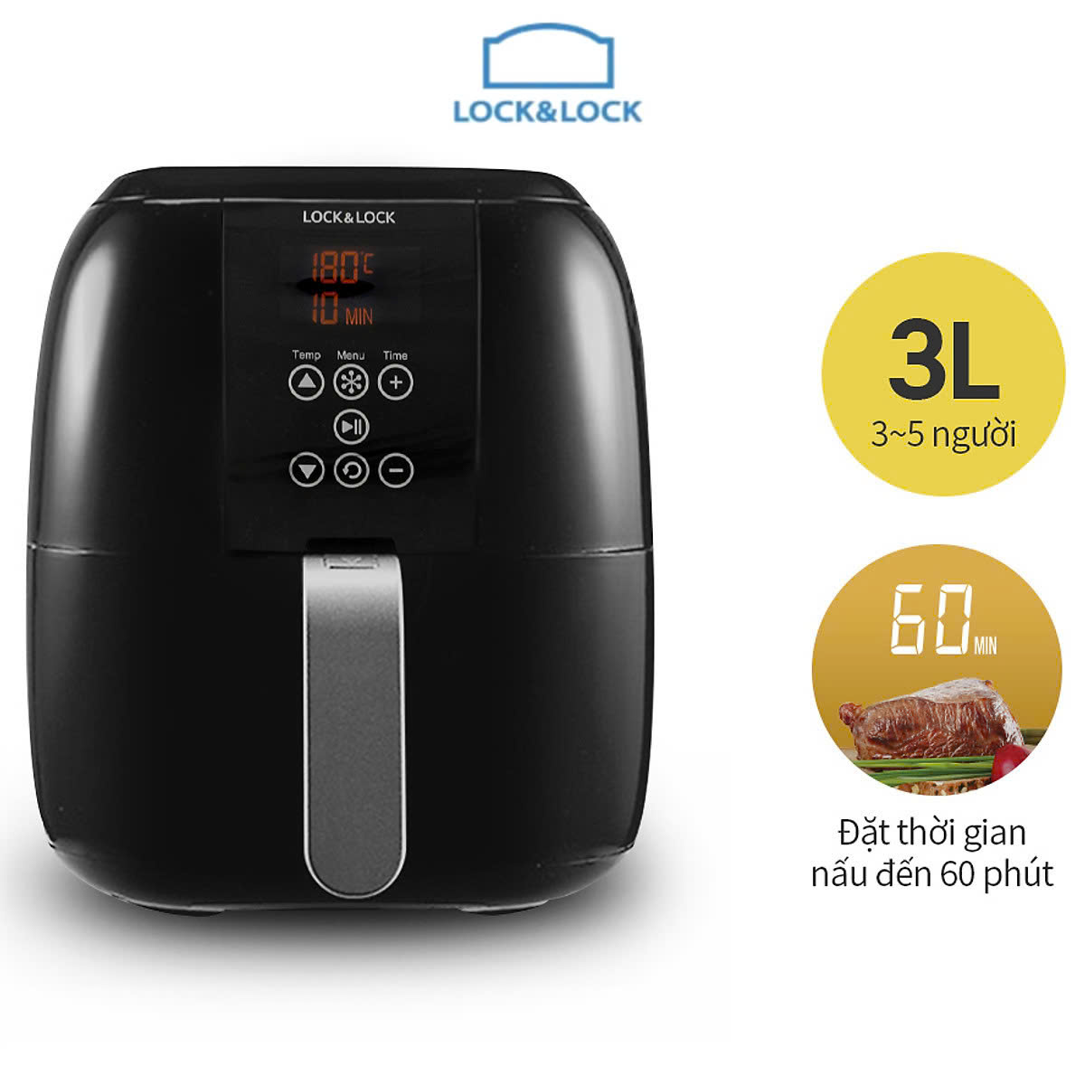 Nồi chiên không dầu Lock&Lock 3L ECF-300B – Điều khiển cảm ứng LCD, lòng nồi chống dính, tiết kiệm điện năng
